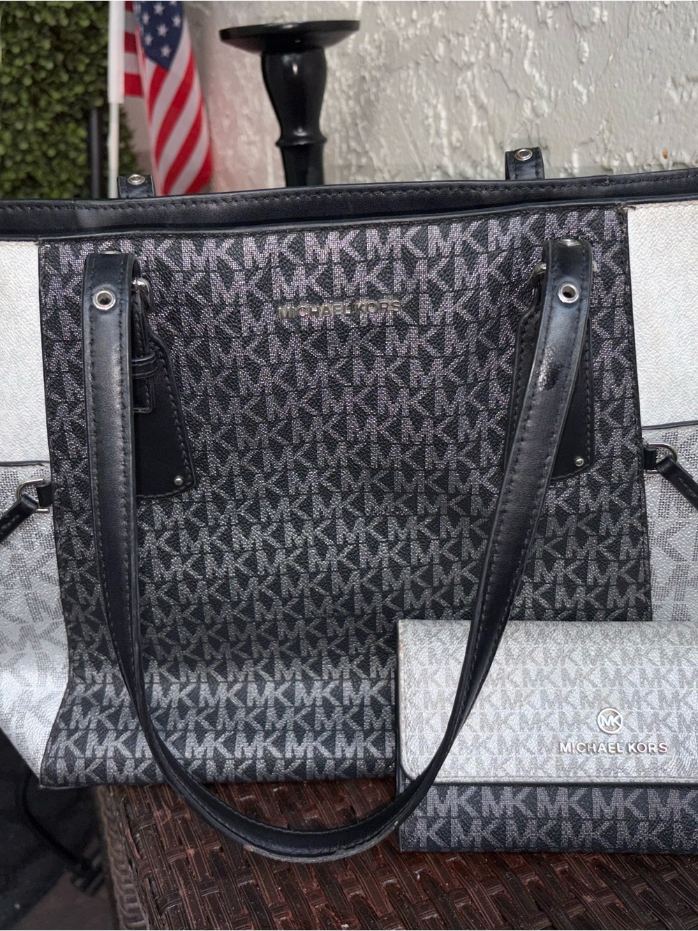 Michael Kors Black and metallic silver MK Logo Tote with matching wallet set